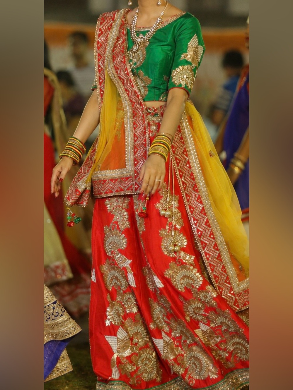 Red & Green Lehenga with Gold Embroidery